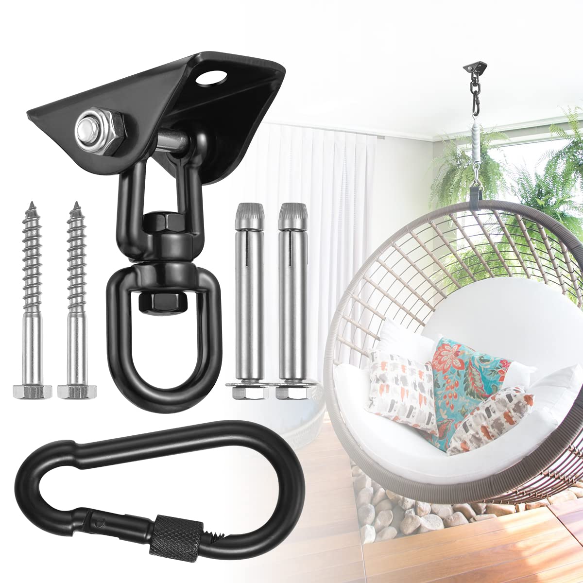 Hammock Hanging Kit,Hanging Chair Hardware 360°Rotating 1200 lb Capacity Hammock Hooks Heavy Duty,Hammock Chair Hanging Kit & Swing Ceiling Hook Snap for Hammock Chair Stand,Seat, Tree,Yoga,Gym(Black) JACNITAD