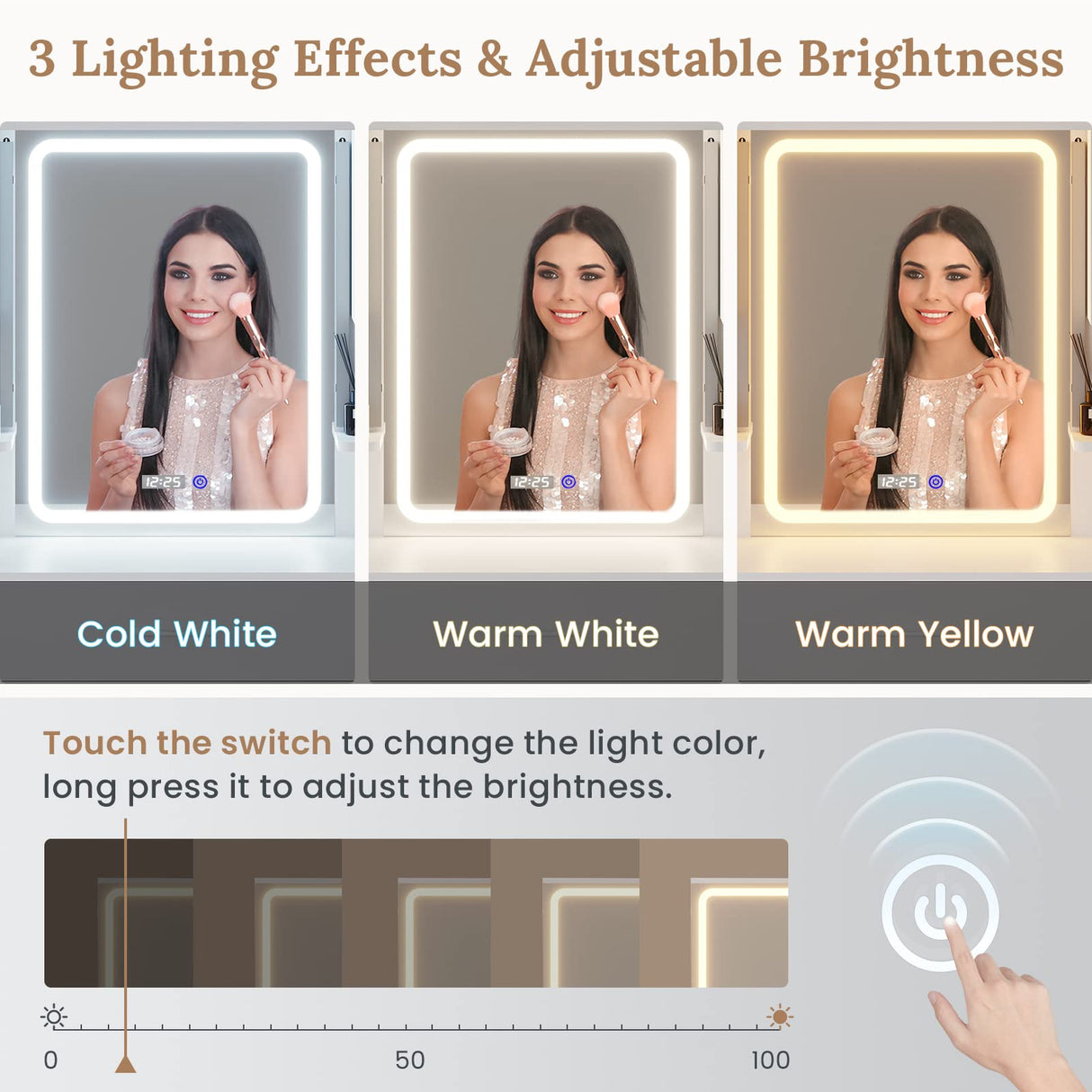 Tiptiper Large Vanity Desk with Mirror and Lights, Makeup Vanity with Lights and Charging Station, Vanity Table with Smart Mirror with Time Display, Makeup Table with 5 Drawers, White Tiptiper