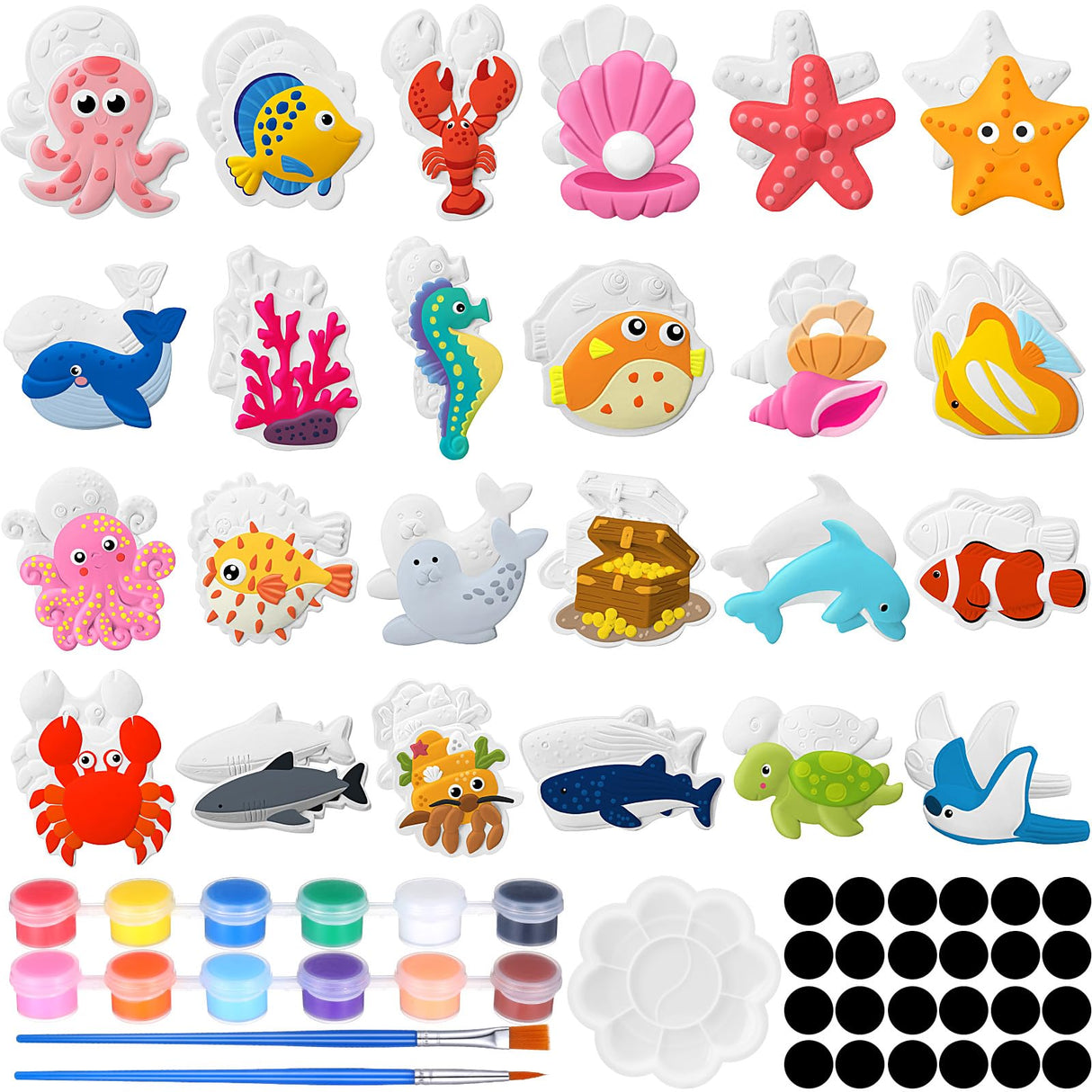 Soulchen 24 Set Ocean Animals Ceramic Painting Kits Sea Animals Ceramic Figurines to Paint with Magnets, Paint Your Own Summer Crafts DIY Unpainted Plaster Figurine Arts with Brushes Palettes Soulchen