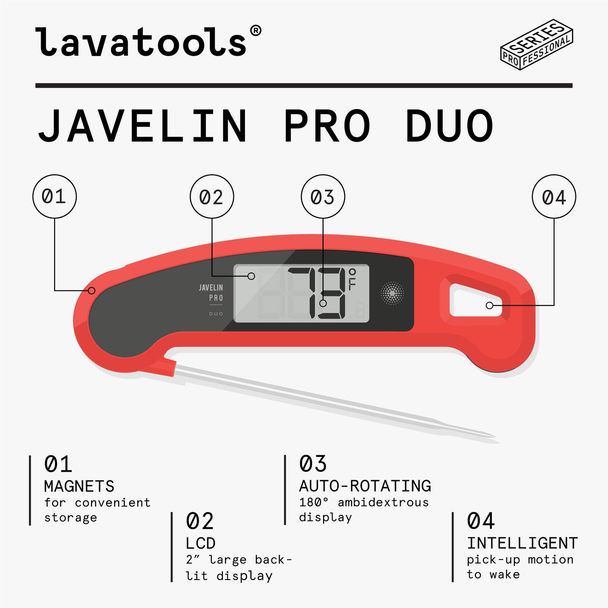 Lavatools Javelinยฎ PRO Duo Ultra-Fast 1-Second Professional Digital Instant Read Meat Thermometer for Grill and Cooking, Auto-Rotating Backlit Display, IP65 Water Resistant, NSF Certified โ Sambal Lavatools