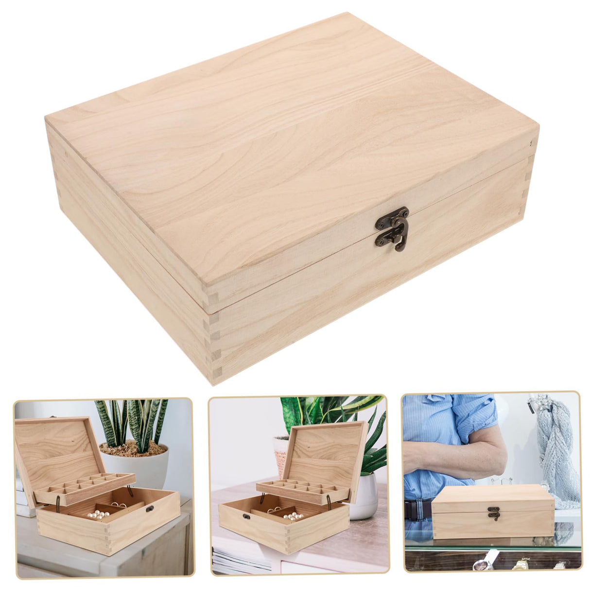 LALADEFIEE Unfinished Jewelry Box DIY Wooden Trinket Box Wood Storage Box Keepsake Jewelry Box with Locking Clasps for Rings Earrings Necklaces Watches Bracelets LALADEFIEE