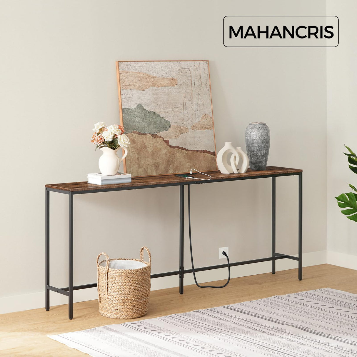 MAHANCRIS 78.7" Console Table with USB Ports, Sofa Table, Narrow Entryway Table with Outlets, 11.8" Wide Couch Table, Industrial Entry Table for Hallway, Living Room, Bedroom, Rustic Brown CTHR320E01 MAHANCRIS
