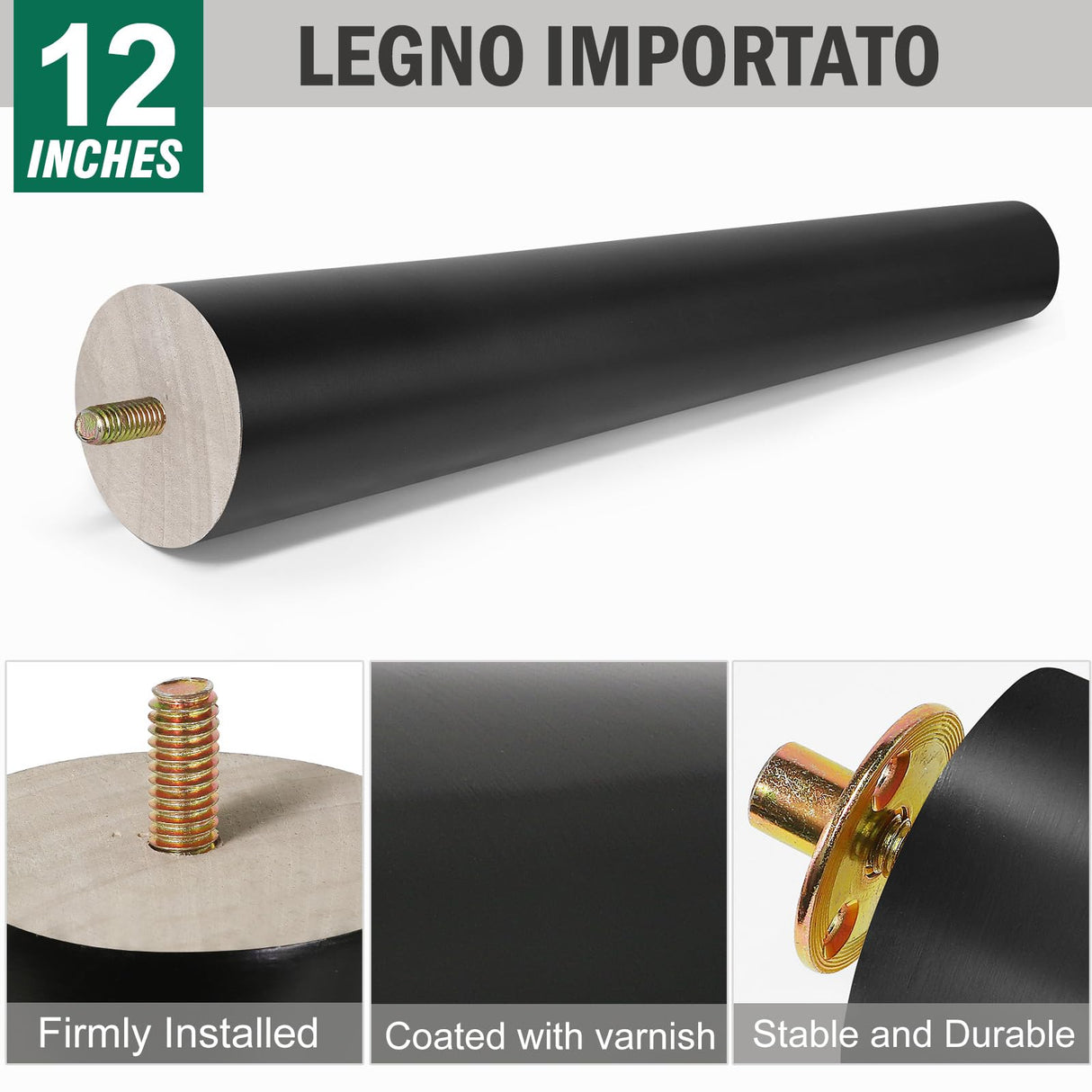 FoDau770 Black Rubber Wood Furniture Legs 12 Inch, Straight Tapered Wood Legs Mid Century Sofa Legs Set of 4, 5/16" UNC Furniture Feet Replacement Legs for Cabinet Sofa Couch Dresser Chair Ottoman FoDau770