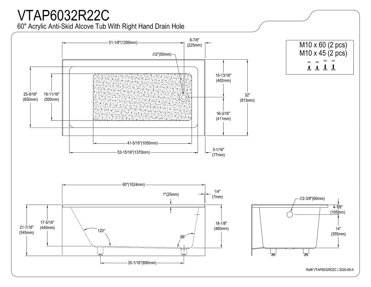Aqua Eden VTAP6032R22C 60-Inch Anti-Skid Acrylic 3-Wall Alcove Tub with Right Hand Drain Hole, White Kingston Brass