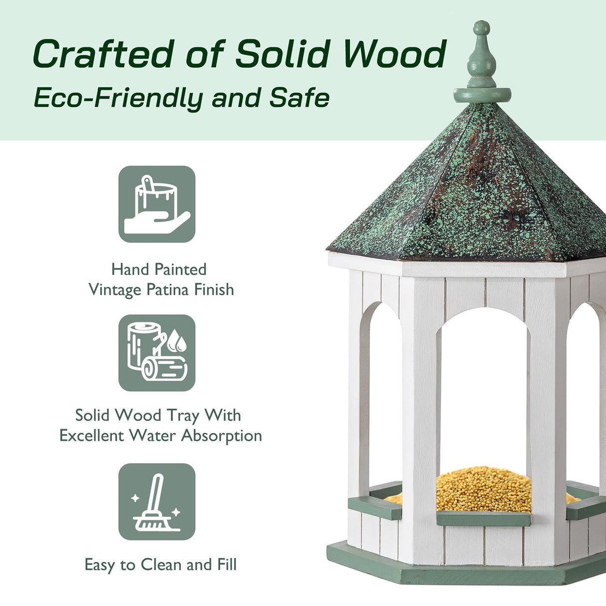 Glitzhome Large Capacity Hanging Bird Feeder,15.75" H Patina Metal Roof Solid Wood Gazebo Tray Bird Feeder for Outdoors Hanging,Supports Cardinals, Finch, Blue Jay,Sparrows and Outside Wild Birds glitzhome