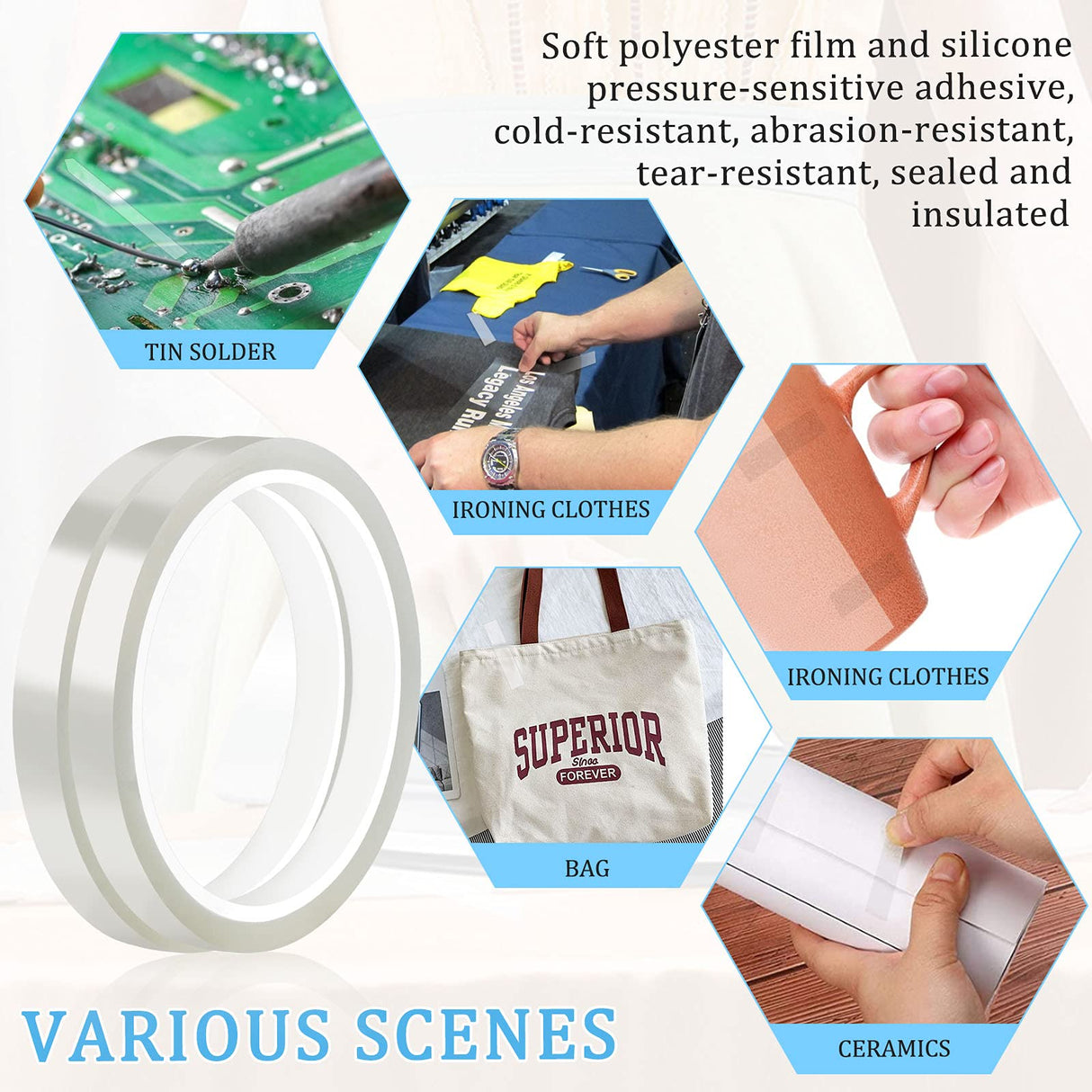 10 Rolls Heat Transfer Tape , High Temp Tape for Sublimation Transfer Tape for T-shirts, Coffee Cups, Heat Resistant Tape for Heat Press Tape Powder Coating, No Residue Transparent, 0.39-inch x 108 ft Mckanti