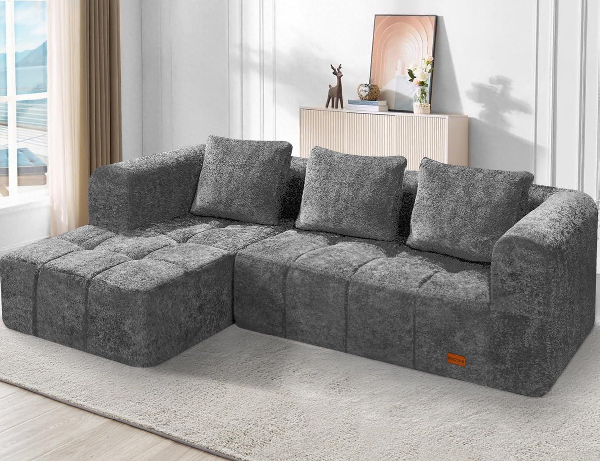 HABUTWAY 103" L-Shaped Modular Sectional Sofa, No Assembly Required Deep Seat Couch with 3 Pillows, Soft Fabric Upholstered, Modern Chaise Lounge for Living Room, Bedroom, Grey HABUTWAY