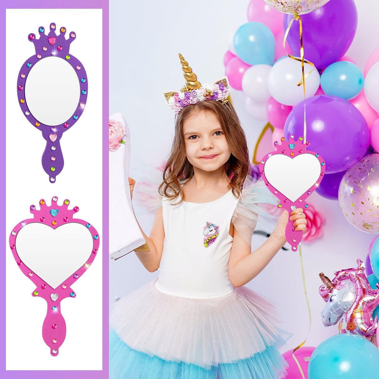 Geetery 20 Pcs Unbreakable Kids Mirror DIY Decorate Your Own Princess Mirror Mermaid Princess Foam Small Crafts for Princess Party Decorations(Purple, Pink) Geetery