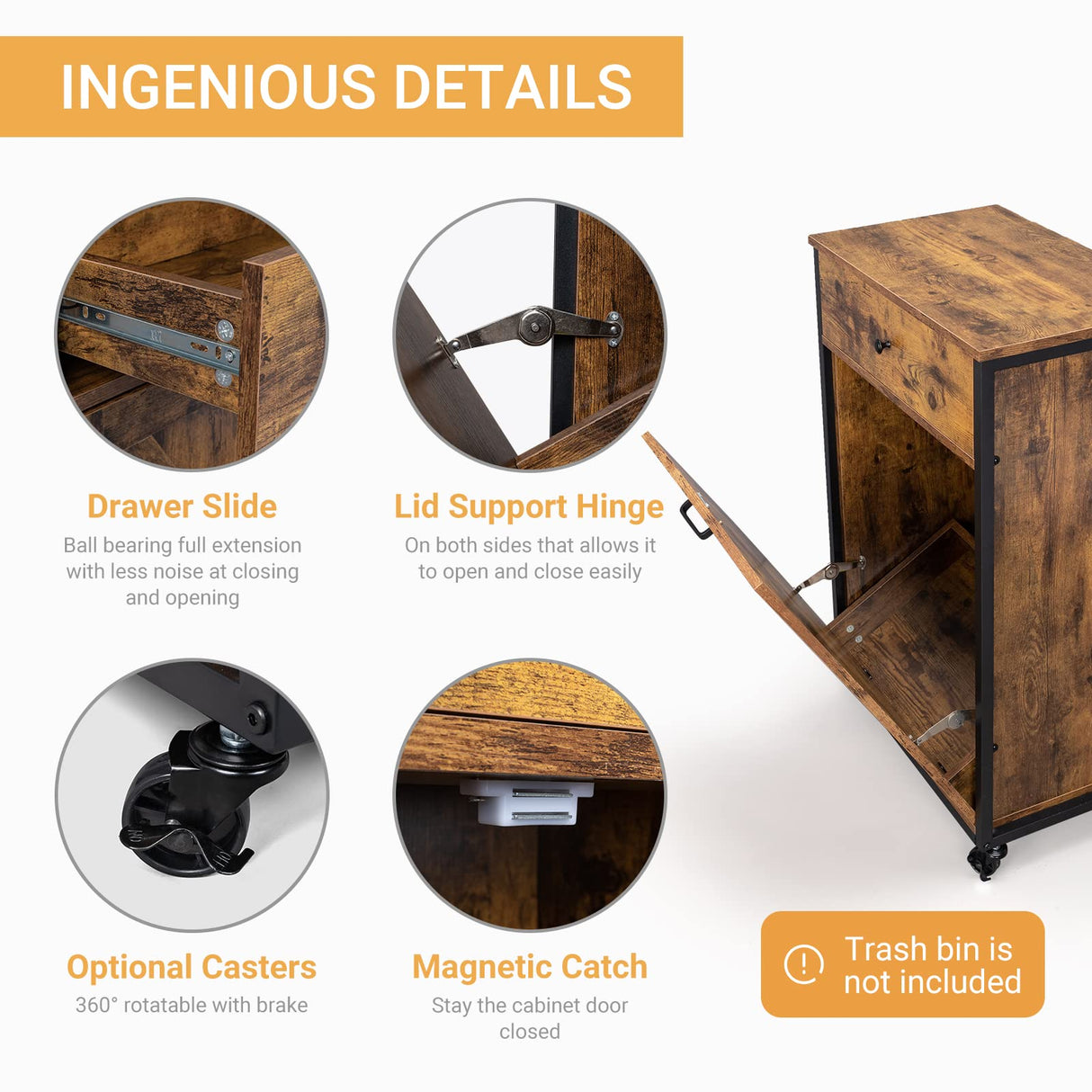 VINGLI Wood Tilt Out Trash Cabinet with Drawer, 10 Gallon Rustic Brown Trash Can Cabinet Tilt Out Barn Door Hidden Trash Can Kitchen Cabinet for Dinning Room, Living Room, Freestanding or Rolling VINGLI