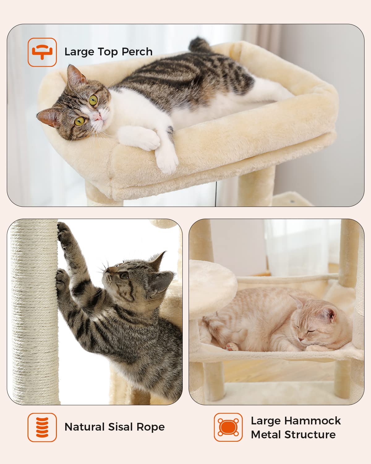 MUTTROS Cat Tree for Large Cats Adult with Metal Plush Big Hammock, 56.3" Cat Tower with 2 Door Condo House, 6-Tier Cat Shelves with Scratching Posts and Large Top Perch, Beige MUTTROS
