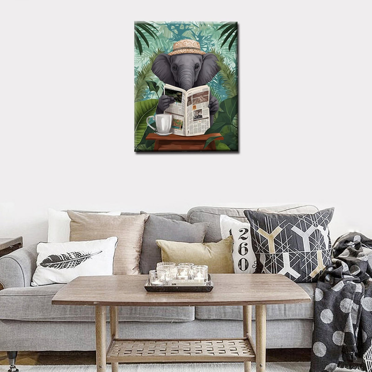 Funny Bathroom Paint By Bumbers for Adults Elephant Read Newspaper DIY Paint by Numbers Acrylic Paint Canvas Kitchen Decor Green Leaves Painting Kits Elephant on Toilet Art 20x16 Inch (Without Frame ) Tucocoo