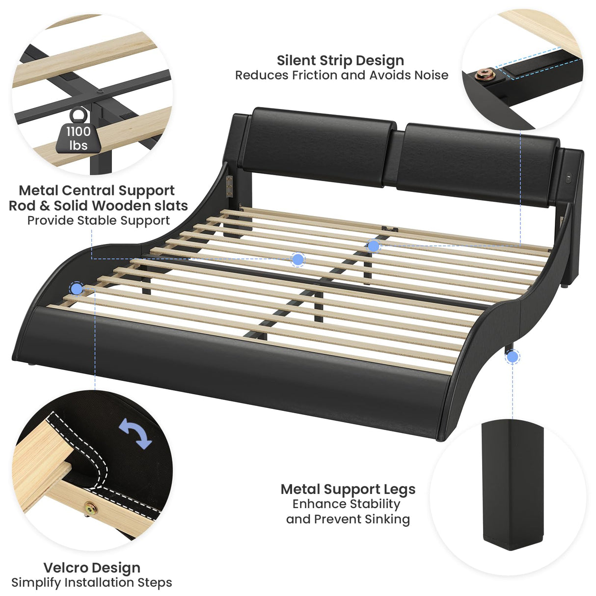 DICTAC King Size Bed Frame with Headboard and Charging Ports Modern Low Profile King Platform Bed Frame with LED Lights Wave Like Curve King Led Bed Frame,Wood Slats Support,Easy Assembly,Black DICTAC
