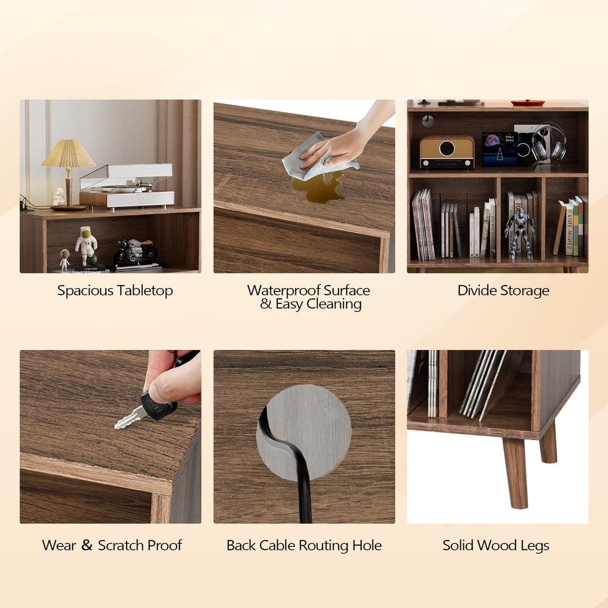 VINGLI Record Player Stand with Open Vinyl Storage, Mid-Century Album Storage Table with LED Light up to 300 Albums, Vinyl Record Player Shelf with Power Outlet for Living Room, Walnut VINGLI
