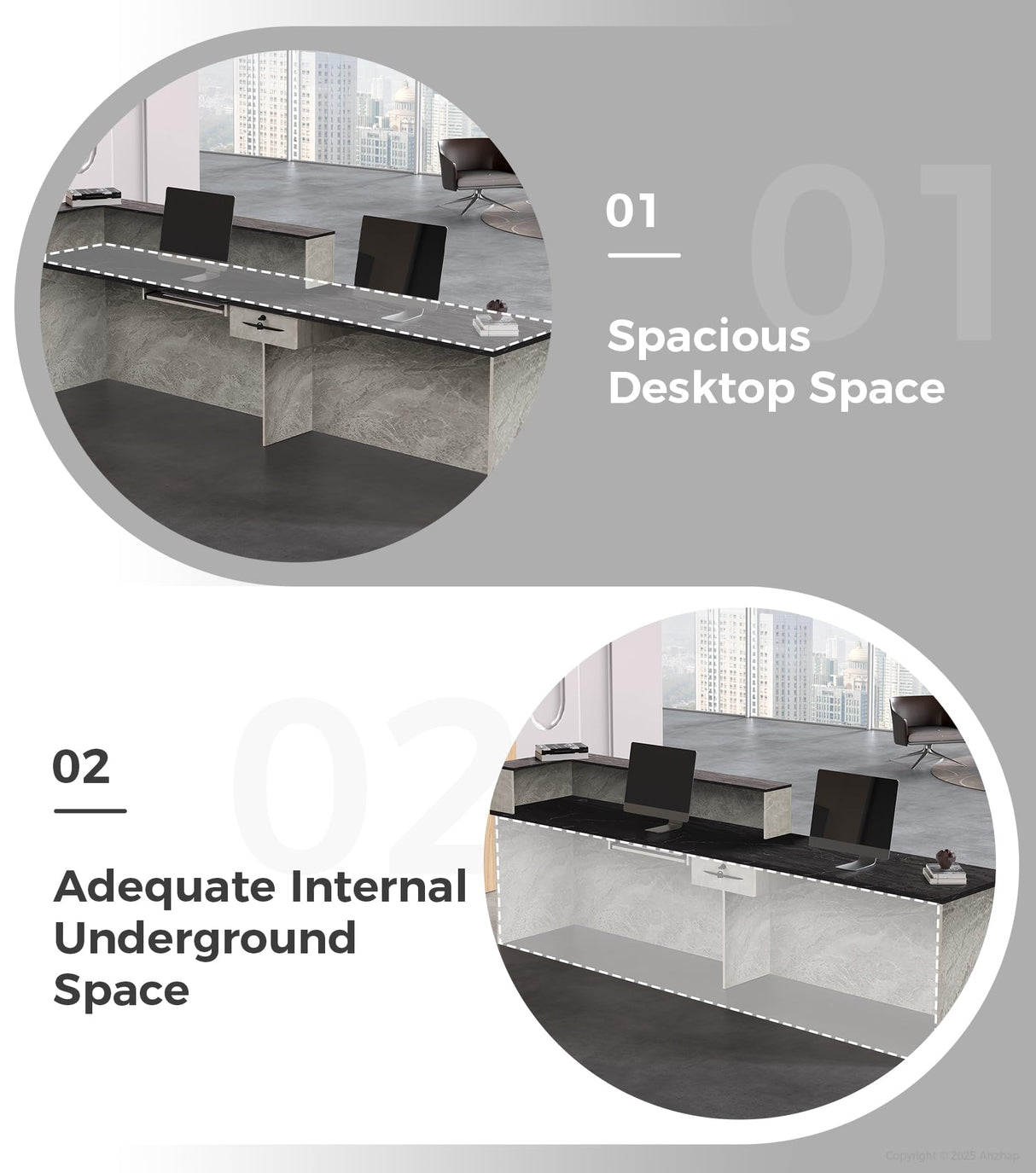 Anzhap L-Shaped Reception Desk with Counter, Front Desk Reception Counter with Drawer, Keyboard Tray & Cable Box for Office, Salon, Lobby, Checkout, Retail(Grey + Black/Left, 79" L * 24" W * 39" H) Anzhap