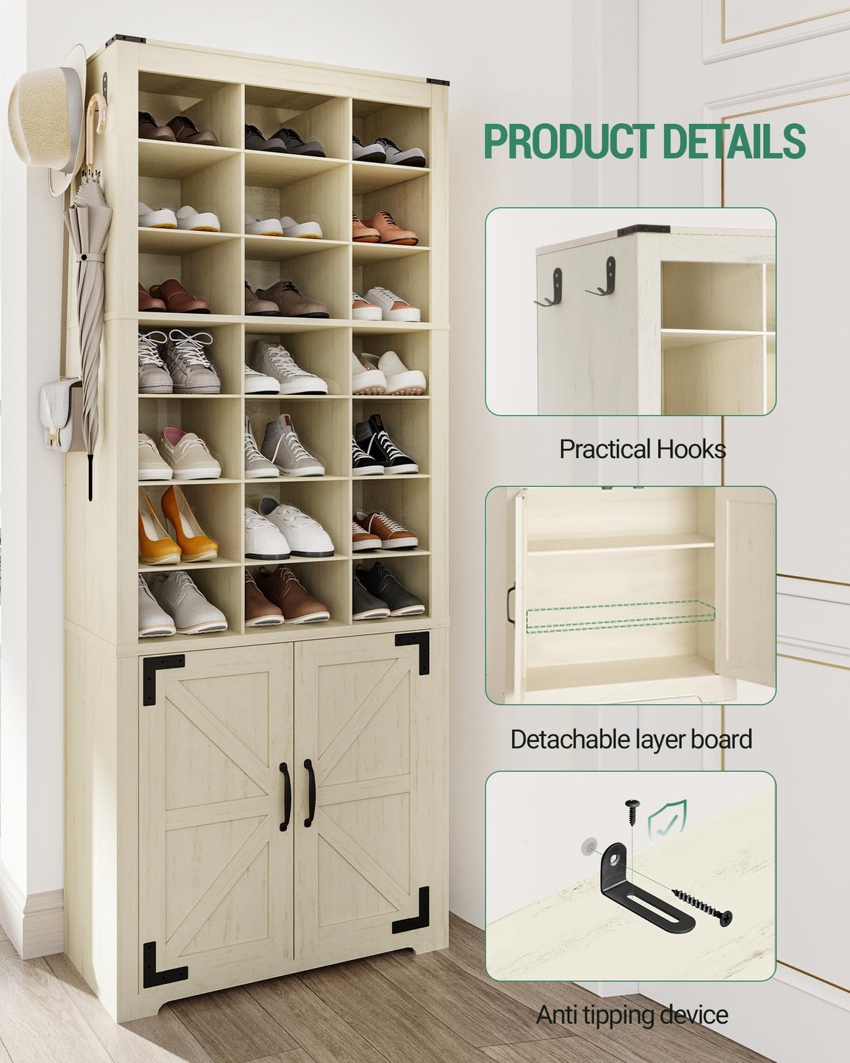 Hzuaneri Shoe Storage Cabinet with Doors, 30 Pairs Free Standing Closet Organizer, 8.8" Widened Cell Wood Shoe Shelves, 10 Tiers Vertical Shoe Rack for Entryway, Bedroom, Rustic White SR20914X Hzuaneri