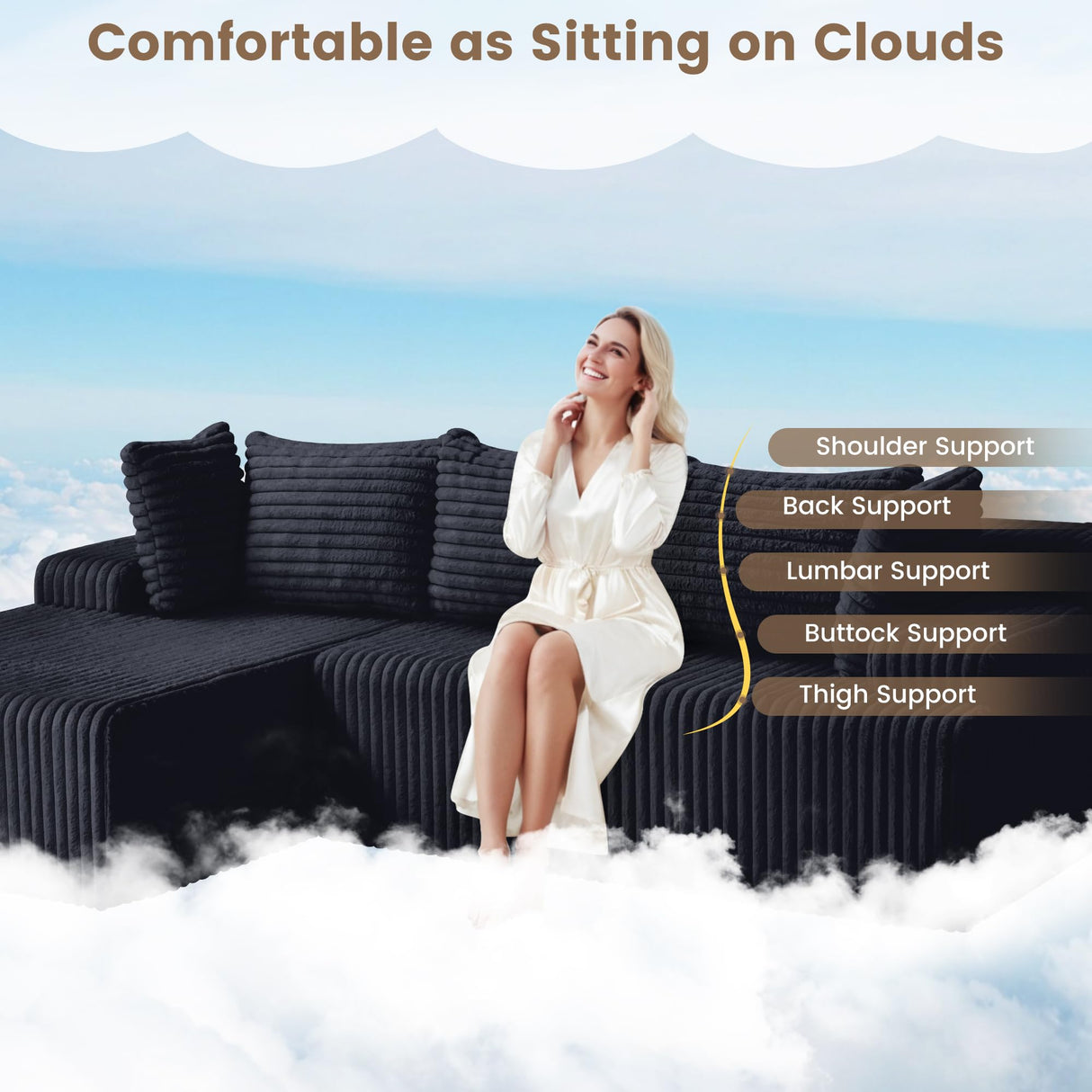 Boneless Couch, Upholstered Cloud Sectional Couch with L Shape Chaise, Fluffy Comfy Cloud Sofa with Deep Seat & Throw Pillows, Boneless Couches for Living Room, No Assembly Required, Black EROMMY