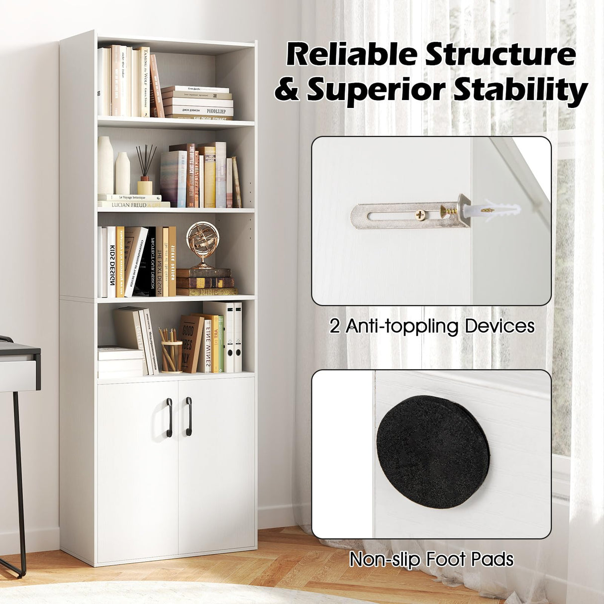 IFANNY 4 Shelf Bookcase with Doors, 70'' Tall Bookshelves and Bookcases, Vertical Bookshelf Tower, Wood Storage Shelves, Modern Book Shelf for Bedroom, Living Room, Home Office (White, 70''H) IFANNY