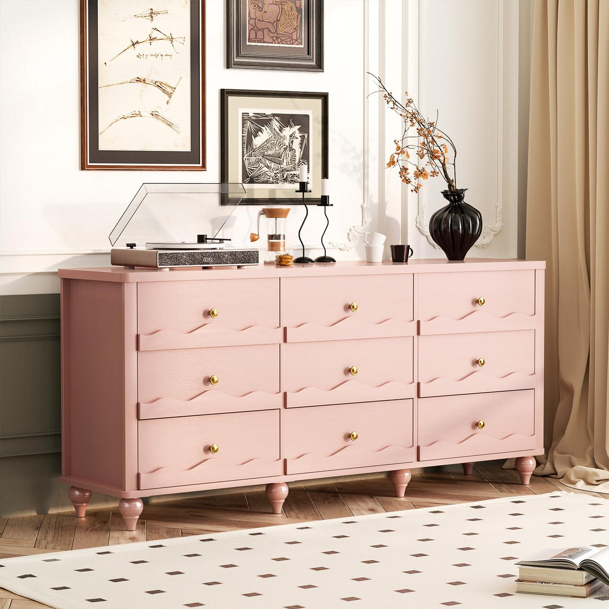 Cyclysio 9 Drawer Dresser, 63" Wide Modern Chest of Drawers TV Stand with Smooth Slides and Rustic Handles, Wood Drawer Organizer for Bedroom Living Room Hallway (Pink) Cyclysio