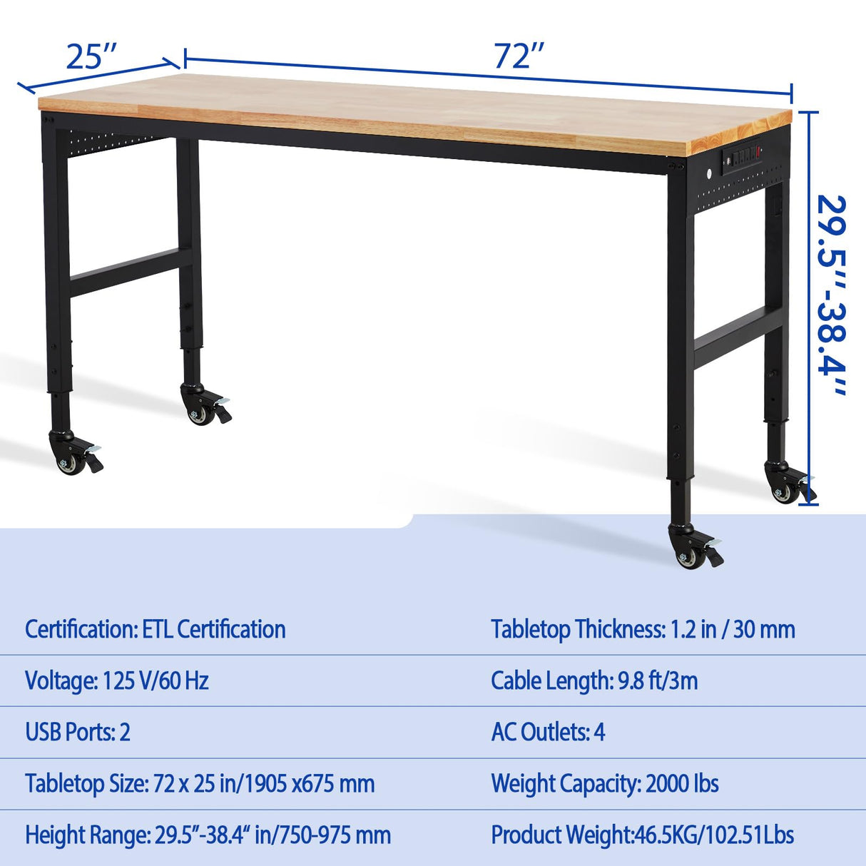 GarveeTech Adjustable Workbench 75' x 25', 2000 Lbs Load Capacity, 29.5"-38.4" Heights Garage Worktable with Universal Wheels & Power Outlet, Heavy-Duty Table for Workshop Office Home Commercial GarveeTech