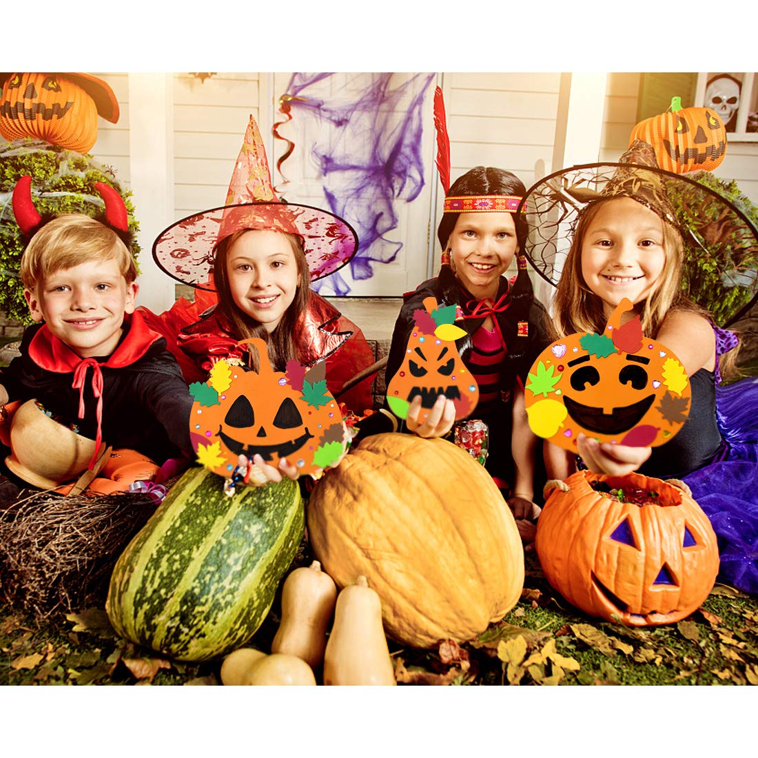 Hifunwu 30Pcs Halloween Foam Pumpkin Craft Kit Decorations with Foam Fall Maple Leaves Rhinestone Stickers for Halloween Thanksgiving Kids Art Crafts Decorations Hifunwu