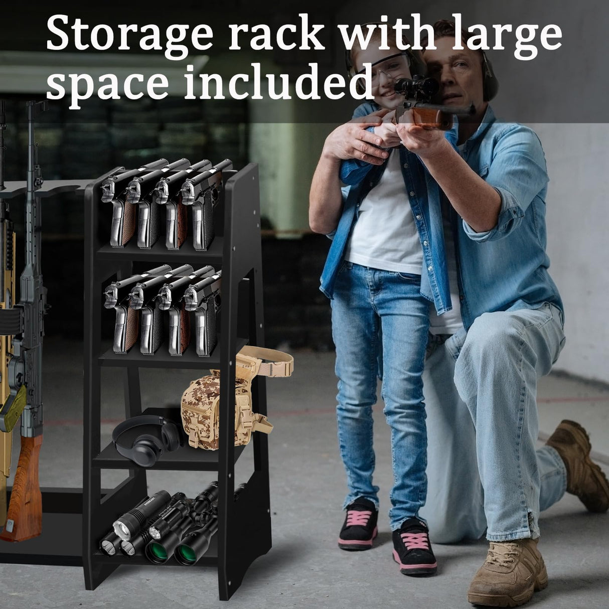 Salajory Indoor Gun Rack, Adjustable Wood Gun Rack with Pistol Rack, Floor Standing Shotgun Rack Gun Display Rack Rifle Storage for Garage Gun Storage - Holds 9 Long Guns and 8 Handguns Salajory