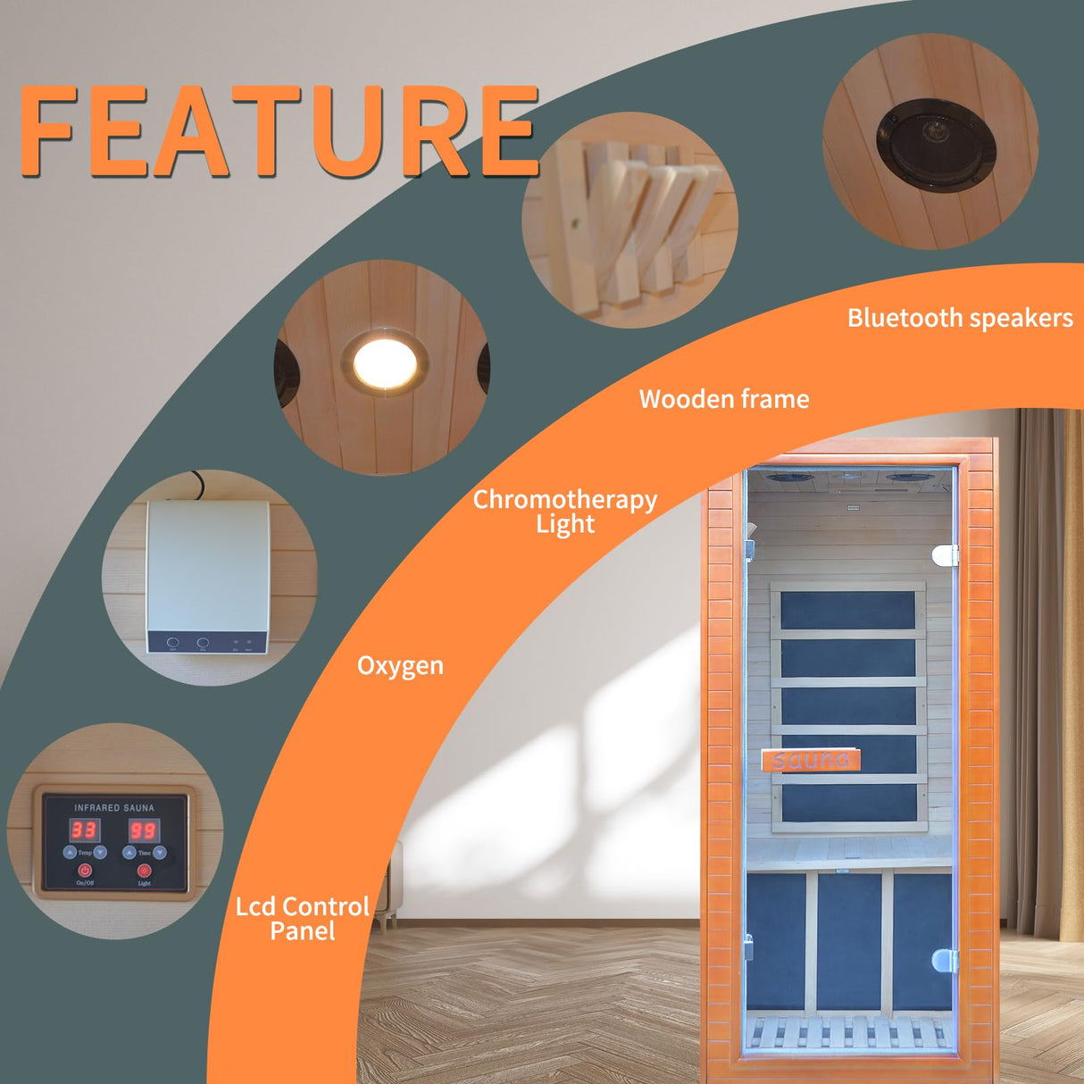 Sauna Mini 1 Person Low EMF Infrared Home Sauna,Hemlock Wood 5 Heating Panels Dry Indoor Sauna,1200W/110V Far Infrared Sauna With Led Reading Lamp,Bluetooth Speakers,Oxygen bar,Digital Controller Prahalum