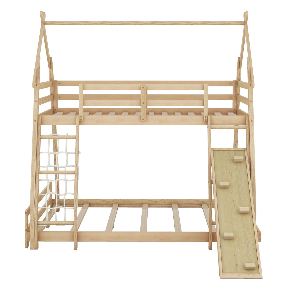 Merax Twin Over Queen Solid Wood Bunk Bed with Climbing Ramp and Nets for Kids and Teens - Natural Finish Merax