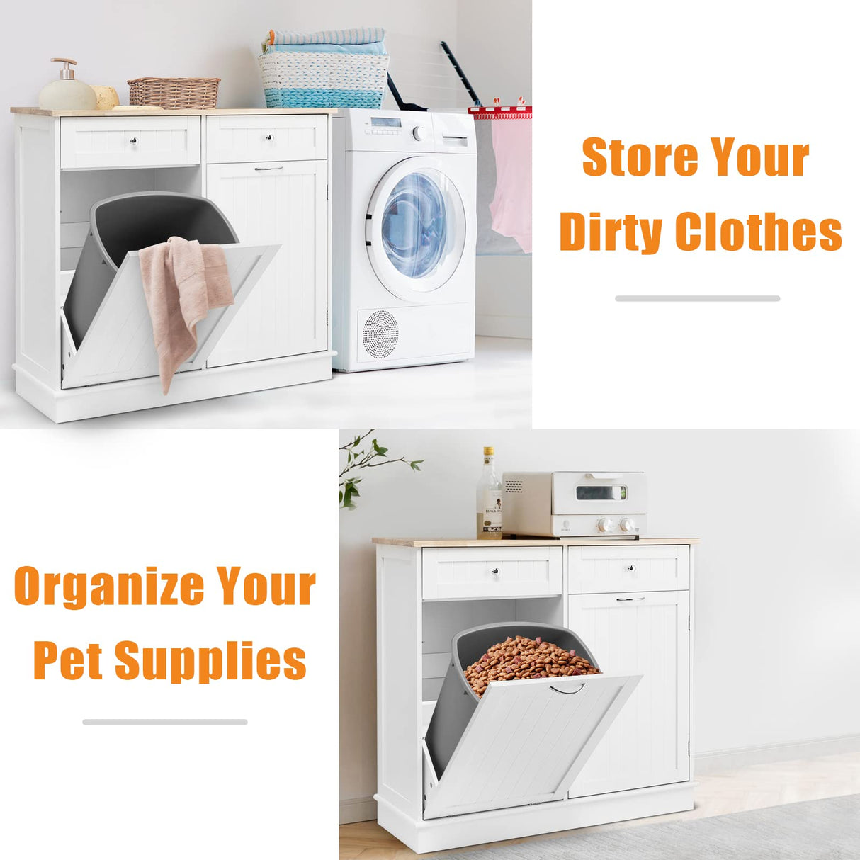 Giantex Kitchen Trash Cabinet, Kitchen Island with Tilt Out Garbage Bin, Rubber Wood Countertop, Large Cabinet, 2 Drawers, Adjustable Shelf, Recycling Can Holder Organizer (White) Giantex