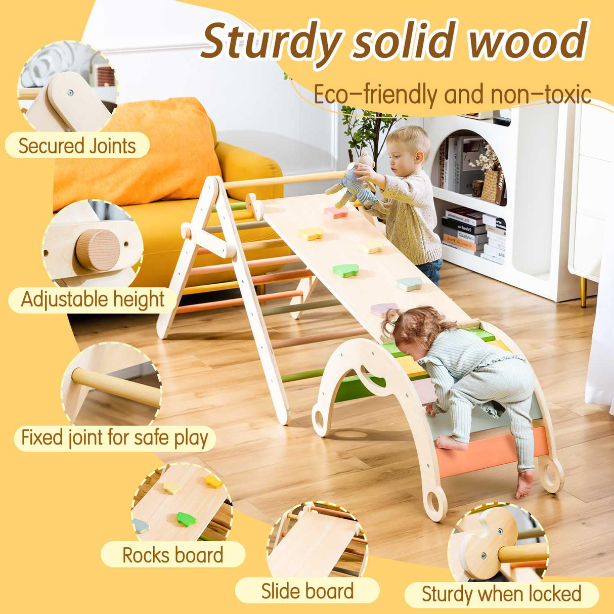 deli Pikler Triangle Set 7 in 1, Wooden Montessori Climbing Set with Arch & Ramp & Ladder, Foldable Baby Climber Indoor Playground Jungle Gyms for Toddlers deli