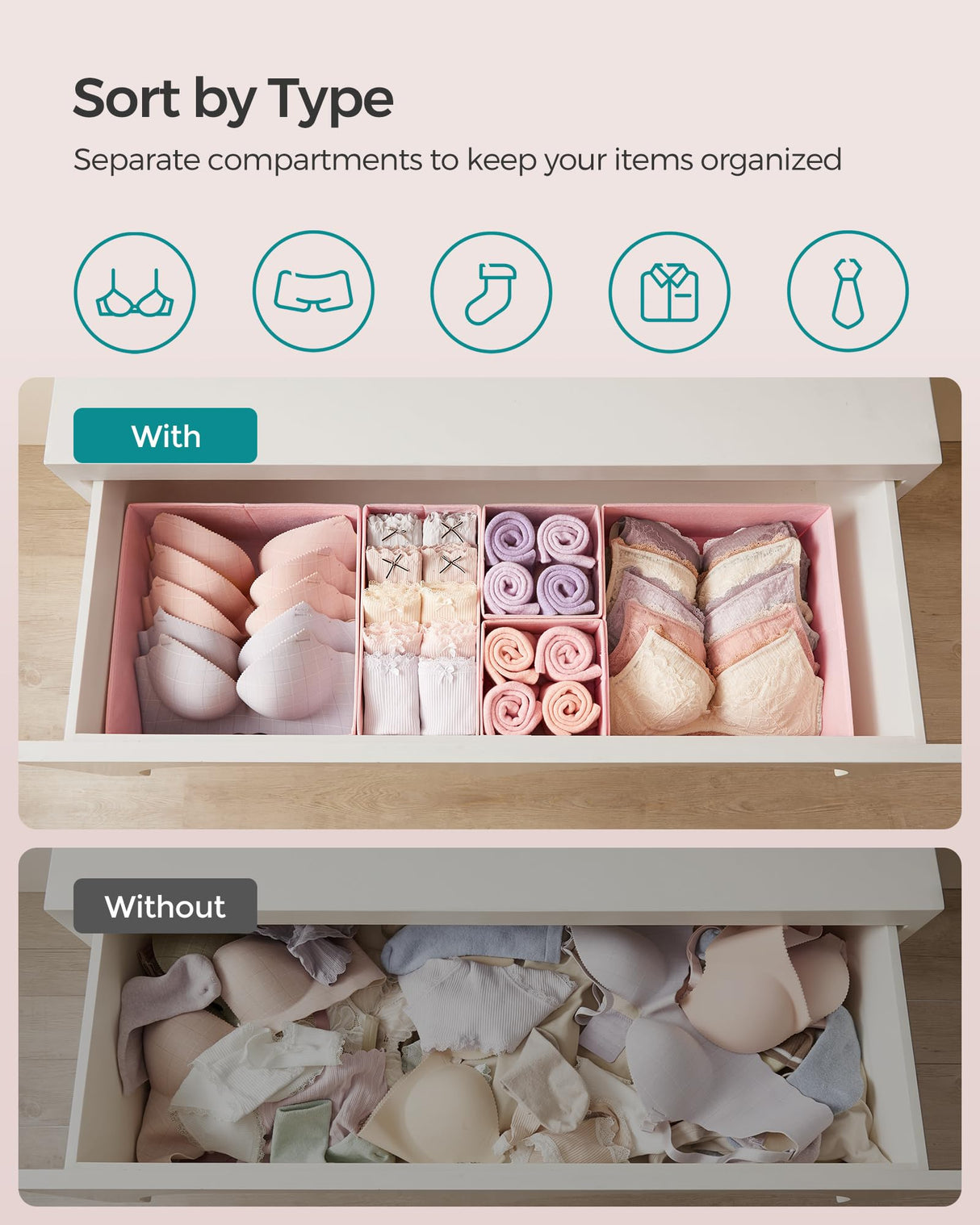 SONGMICS Drawer Organizer, Dresser Drawer Organizers, Set of 12, Foldable Fabric Storage Bins for Socks, Underwear, Bras, Ties, Scarves, Jelly Pink URDZ006R01 SONGMICS