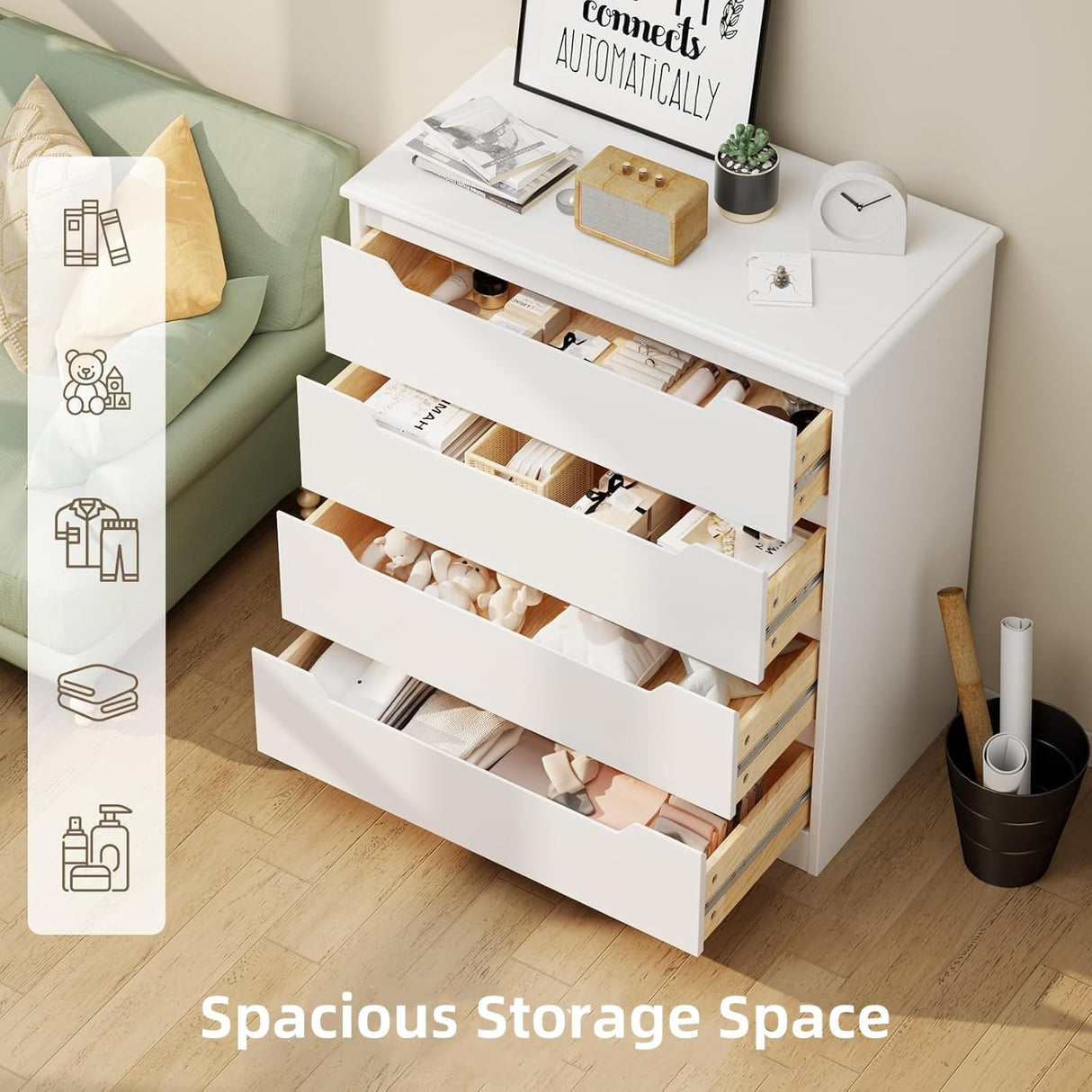 Bealife Dresser for Bedroom, 4 Drawer Dressers Chest of Drawers with Anti-Tripping Device, White Dresser for Closet with Embedded Handles, Closet Chests Organizer for Hallway, Living Room (White) Bealife
