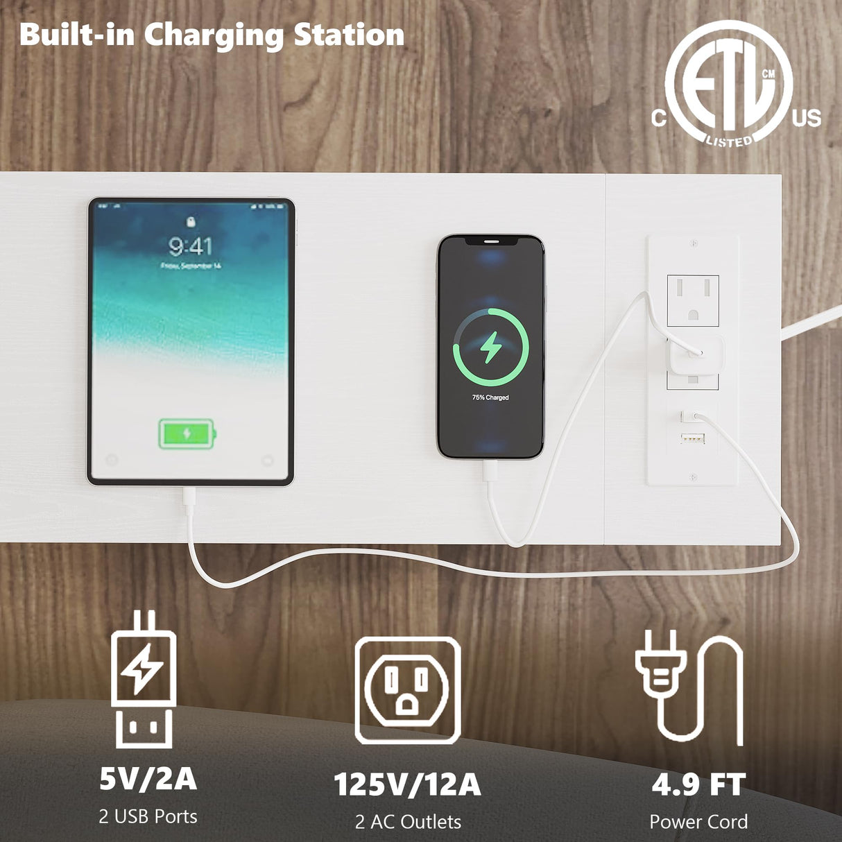 TRIFEBLE End Table with Charging Station, Narrow Side Table with 2 Fabric Drawers, Skinny Nightstand with LED Light, Slim Bedside Table for Bedroom, Living Room, Small Spaces, White TRIFEBLE