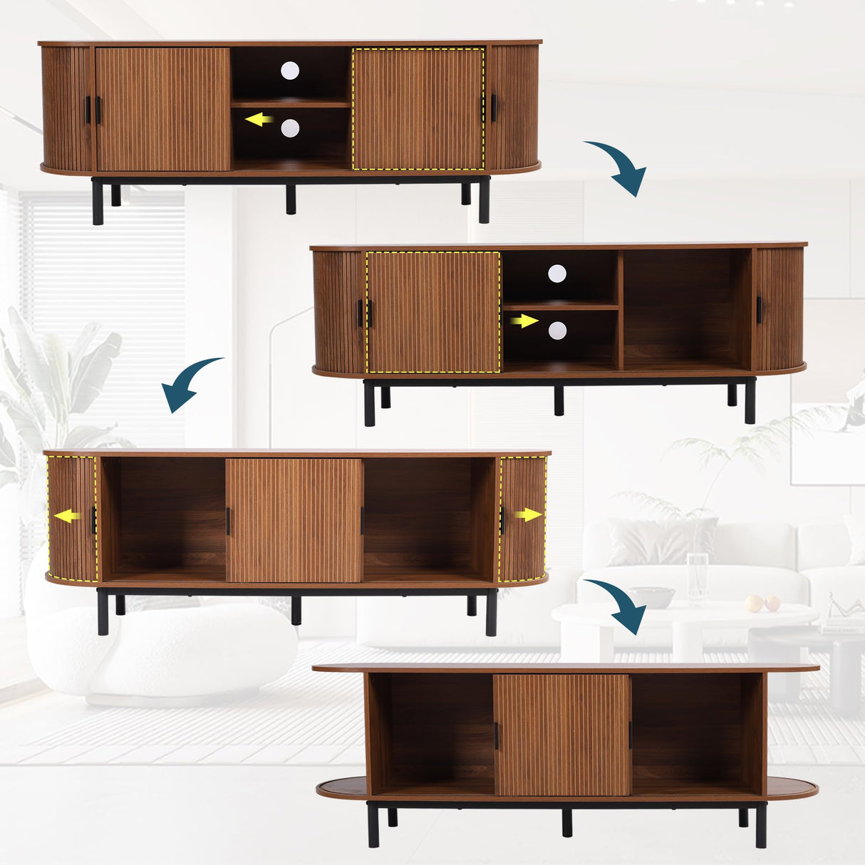 FurSch 62" Tambour Door TV Stand,Wood Mid Century Modern TV Cabinet for Up to 65“ TV,Curved Edge Long TV Stand with Storage for Bedroom Living Room (Walnut, 62.2inch) FurSch