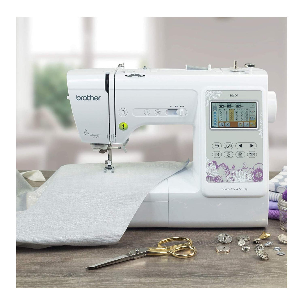 Brother SE600 Sewing and Embroidery Machine, 80 Designs, 103 Built-In Stitches, Computerized, 4" x 4" Hoop Area, 3.2" LCD Touchscreen Display, 7 Included Feet Brother