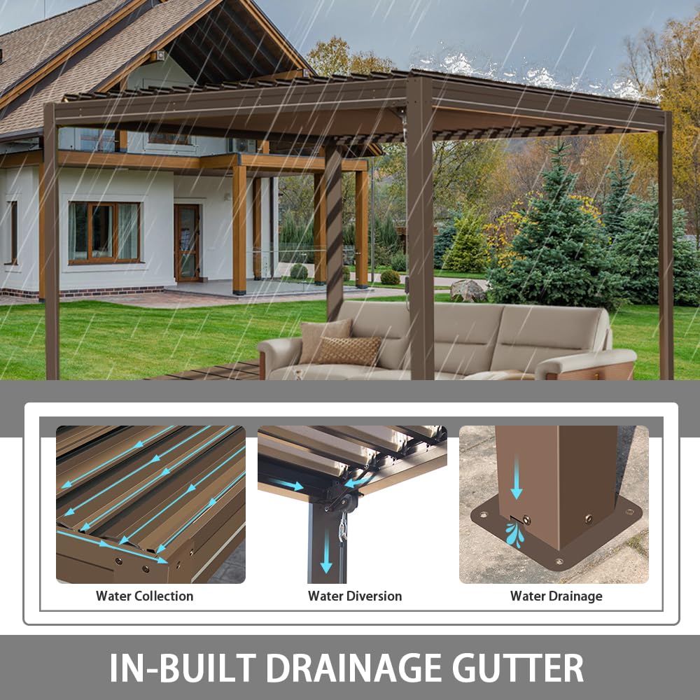 Domi Louvered Pergola 10' x 10' Outdoor Aluminum Pergola with Adjustable Roof, Aluminum Frame, Efficient Drainage System for Patio, Deck, Garden, Brown domi outdoor living