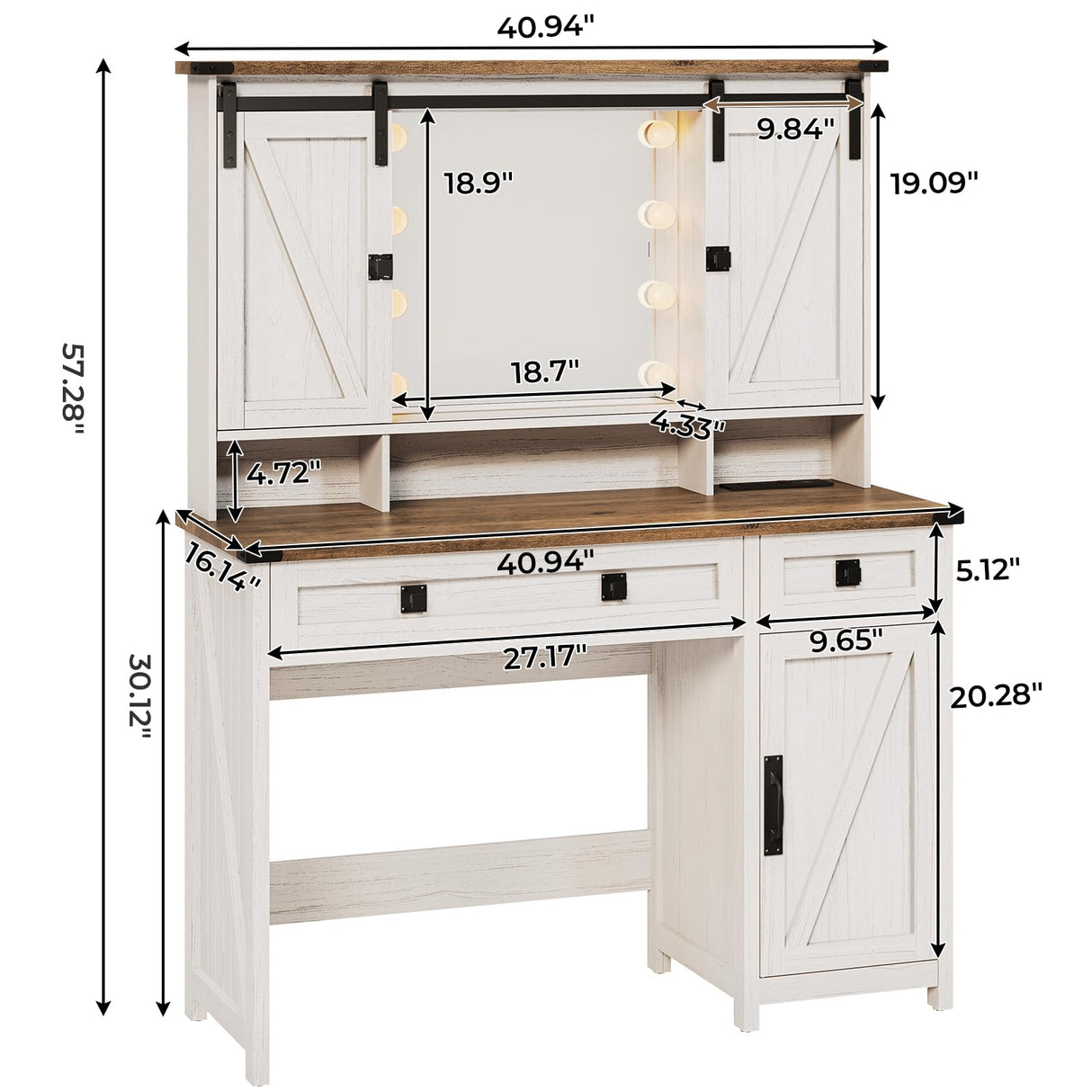 VIAGDO Farmhouse Makeup Vanity Desk with Sliding Door and Lights, Vanity Table with Charging Station & 2 Drawers, Rustic Big Vanity Table with Hooks/Shelves/Hidden Space for Bedroom VIAGDO