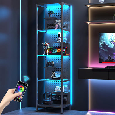 Saudism Glass Display Shelf for Collectibles, LED Black Shelf, Curio Cabinet, Lighted Tall Narrow Shelf with Pegboard Steel Frame for Gaming Room, Floor Lamp with Shelves, Living Room, Bedroom, Small