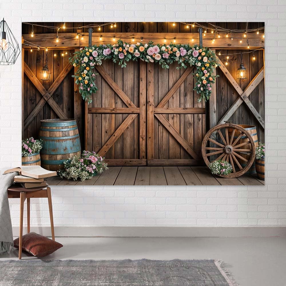 7x5ft Country Wedding Photography Backdrop Rustic Barn Door Photography Backdrop Farmhouse Pink Flower Cabin Wooden Birthday Baby Shower Wedding Bridal Party Banner Photo Booth Props Background Mtsxfy
