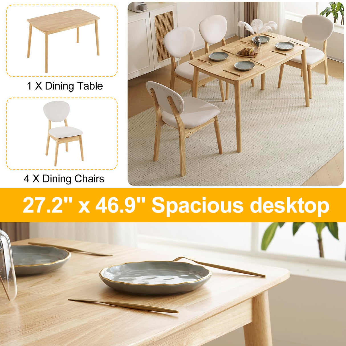 Karl home Mid-Century Modern 5-Piece Wood Dining Table Set for 4, Compact Mid-Century Modern Table & Chair Set for Kitchen/Small Apartment/Dining Room, Padded Seats & Backrests (Nature) Karl home