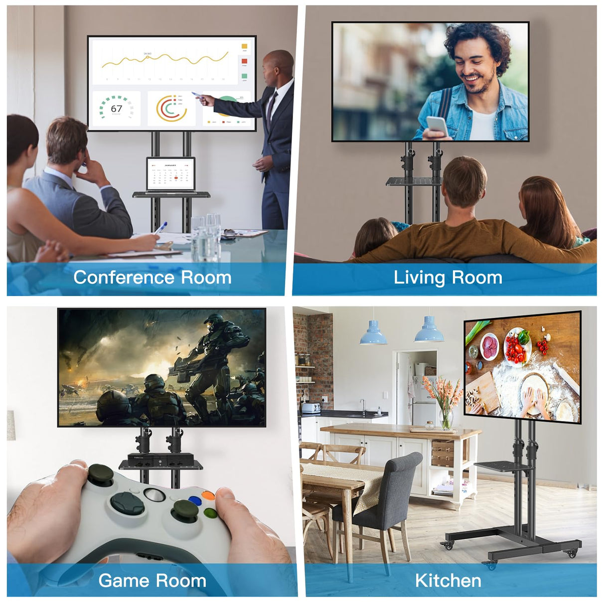 PERLESMITH Rolling TV Stand on Wheels for 32-83 Inch Screens up to 110lbs, Mobile TV Cart Height Adjustable Portable Outdoor TV Stand Tilt Rolling TV Cart with Shelf Max VESA 600x400mm PSTVMC03 PERLESMITH