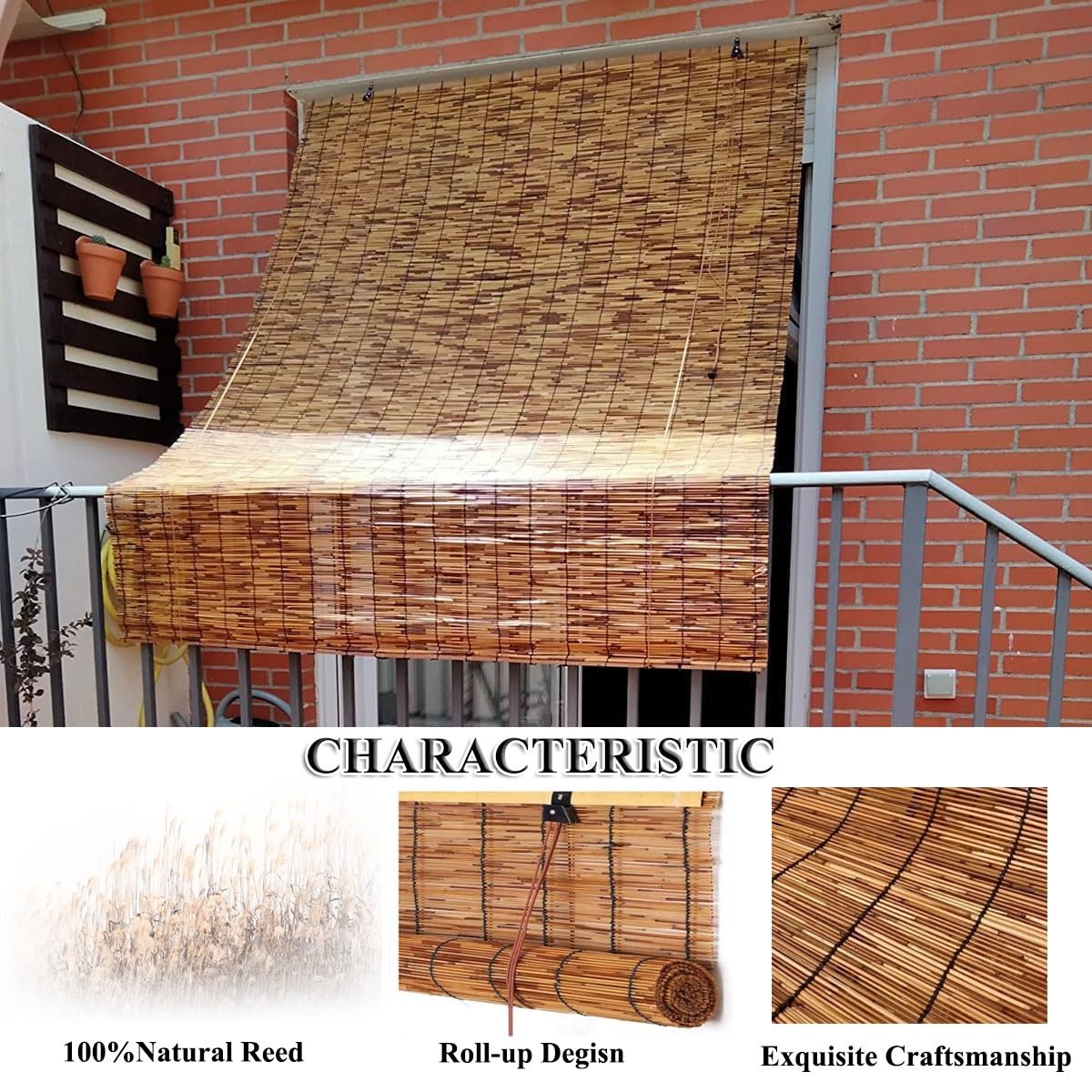 Outdoor Bamboo Roll-up Shades for Porch Patio Privacy Screen, Blackout Roller Window Blinds 48" 60" 64" 66" 72" 84" 96" Long Waterproof Reed Curtain with Lifter, Cordless Bamboo Blinds(72" x 84") KAKVSRBPER