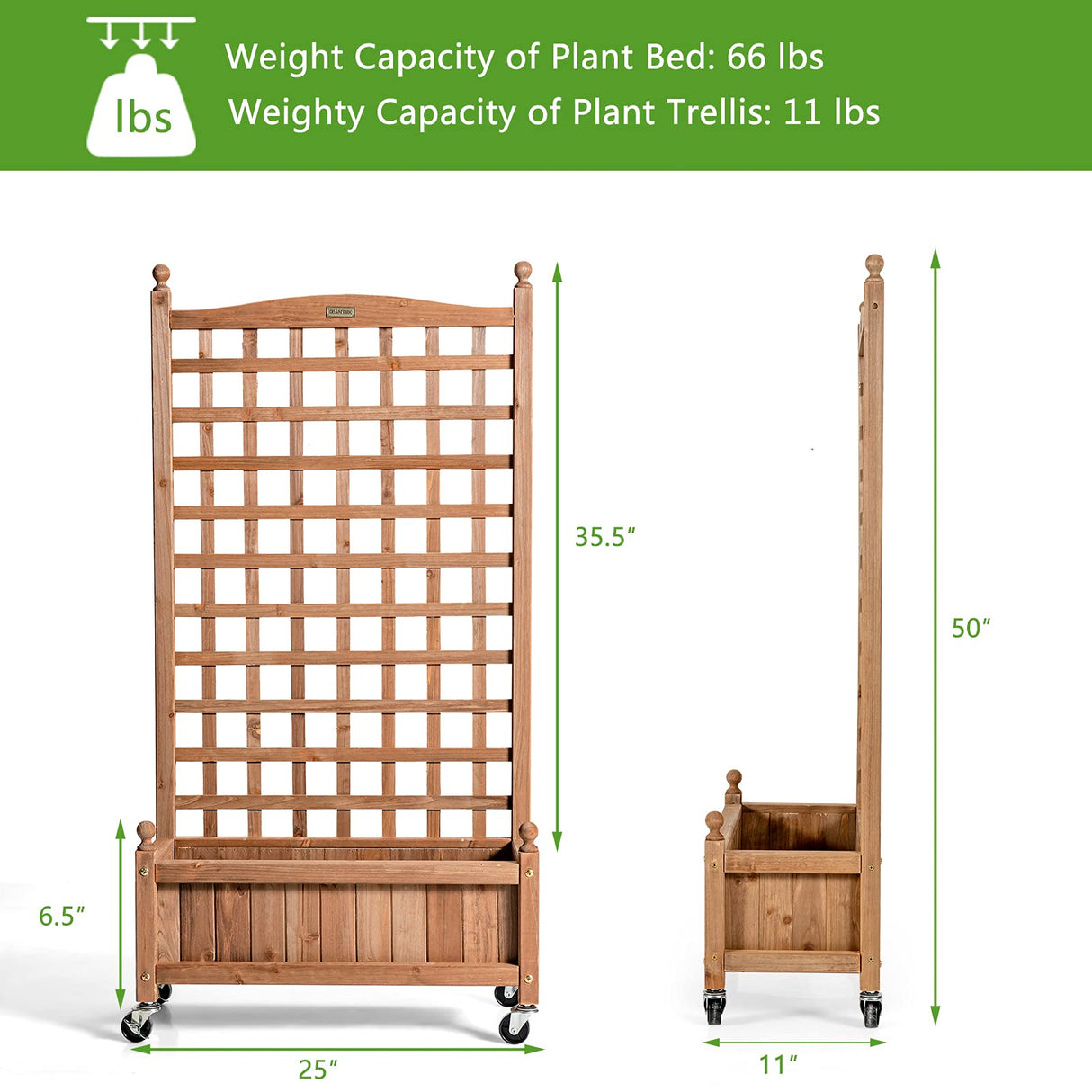 Giantex Mobile Plant Raised Bed, Wood Planter with Lattice Trellis and Wheels, Flower Box for Plant Climbing, Vertical Garden for Balcony Patio Yard, 25"x11"x 50" Giantex