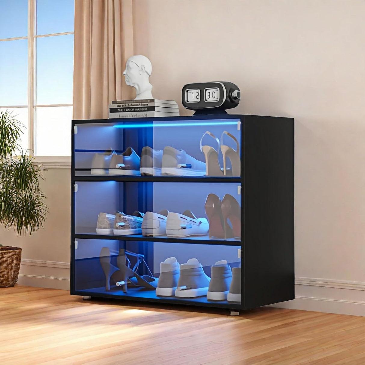 Shoe Storage Box - 3-Tier Wooden Shoe Storage Box with Flip Glass Door - Shoe Organizer Storage Box with RGB Led Light for Up to 9-12 Pairs of Shoes. (3 Tier) LGLRTD