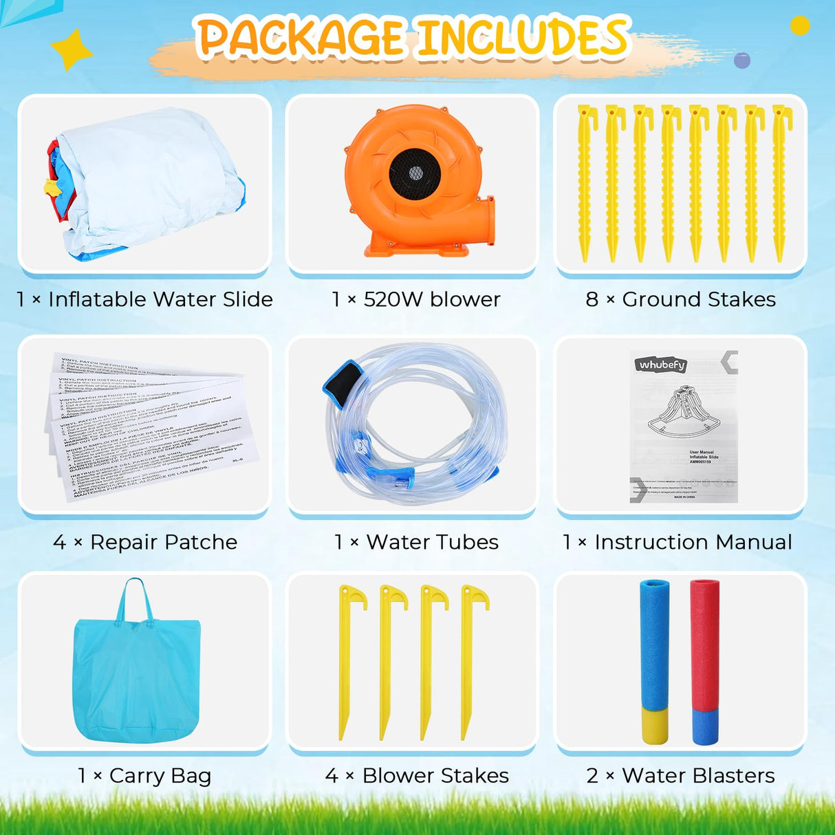 Whubefy Inflatable Water Slide for Kids, 14.5 x 13 FT Water Bounce House for Backyard, Inflatable Water Park for Kids, Waterslide PVC & Oxford Bounce House with Slide, 2 Water Gun & 520W Blower Whubefy