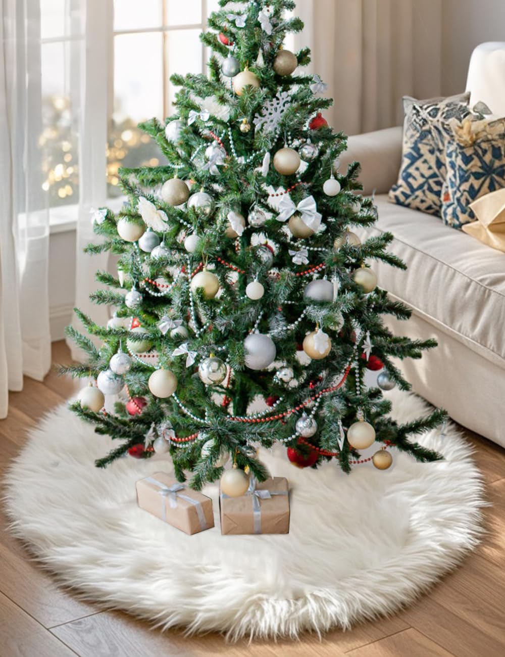 Multiwins 48 Inch Faux Fur Christmas Tree Skirt, Fluffy Plush Skirt for Christmas Tree, White Christmas Tree Rug Skirt Perfect for Christmas Party Decorations multiwins