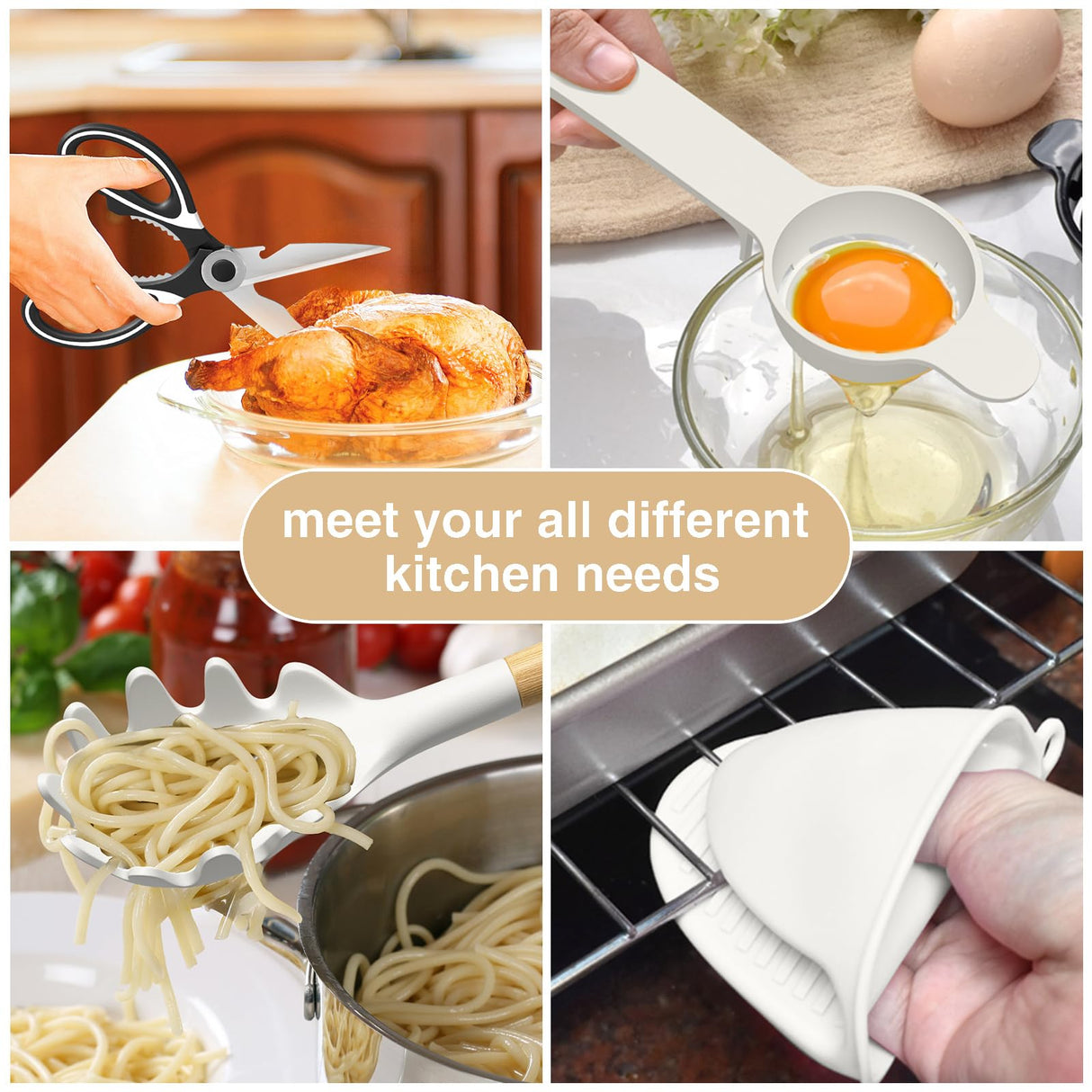Silicone Cooking Kitchen Utensils Set, AIKKIL 28PCS White Cooking Utensils Set with Wooden Handles, Tongs, Spatula, Pasta Server, Kitchen Gadgets Tools Set For Non-Stick Cookware(BPA Free) AIKKIL