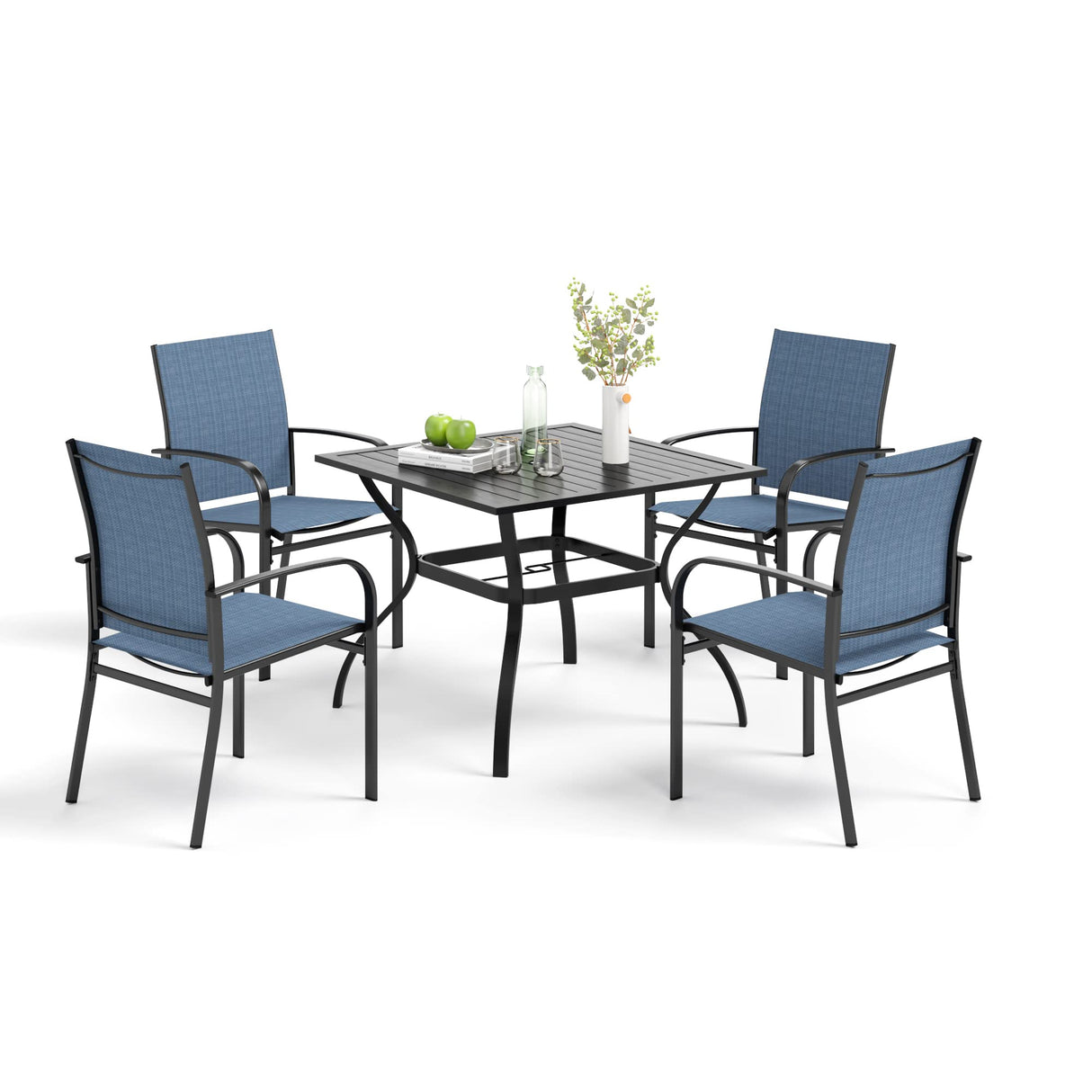MIXPATIO 5-Piece Patio Table and Chairs Set for 4, Outdoor Dining Set with Blue Chairs and 37" Square Metal Umbrella Table for Deck Backyard Lawn MIXPATIO