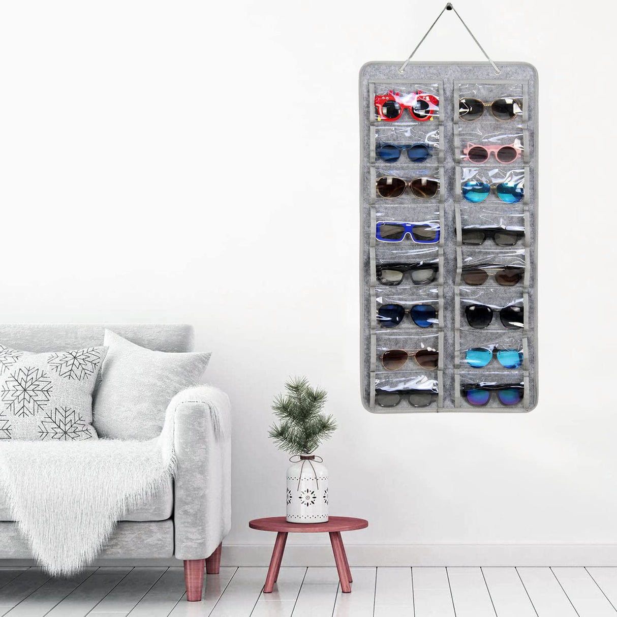 Casaphoria Sunglasses Organizer Storage, Hanging Dust Proof Wall Pocket Glasses Organizer - 16 Felt Slots Sunglass Organizer Holder with Metal Hook and Sturdy Rope, X-Large, Gray, Dust Proof Casaphoria