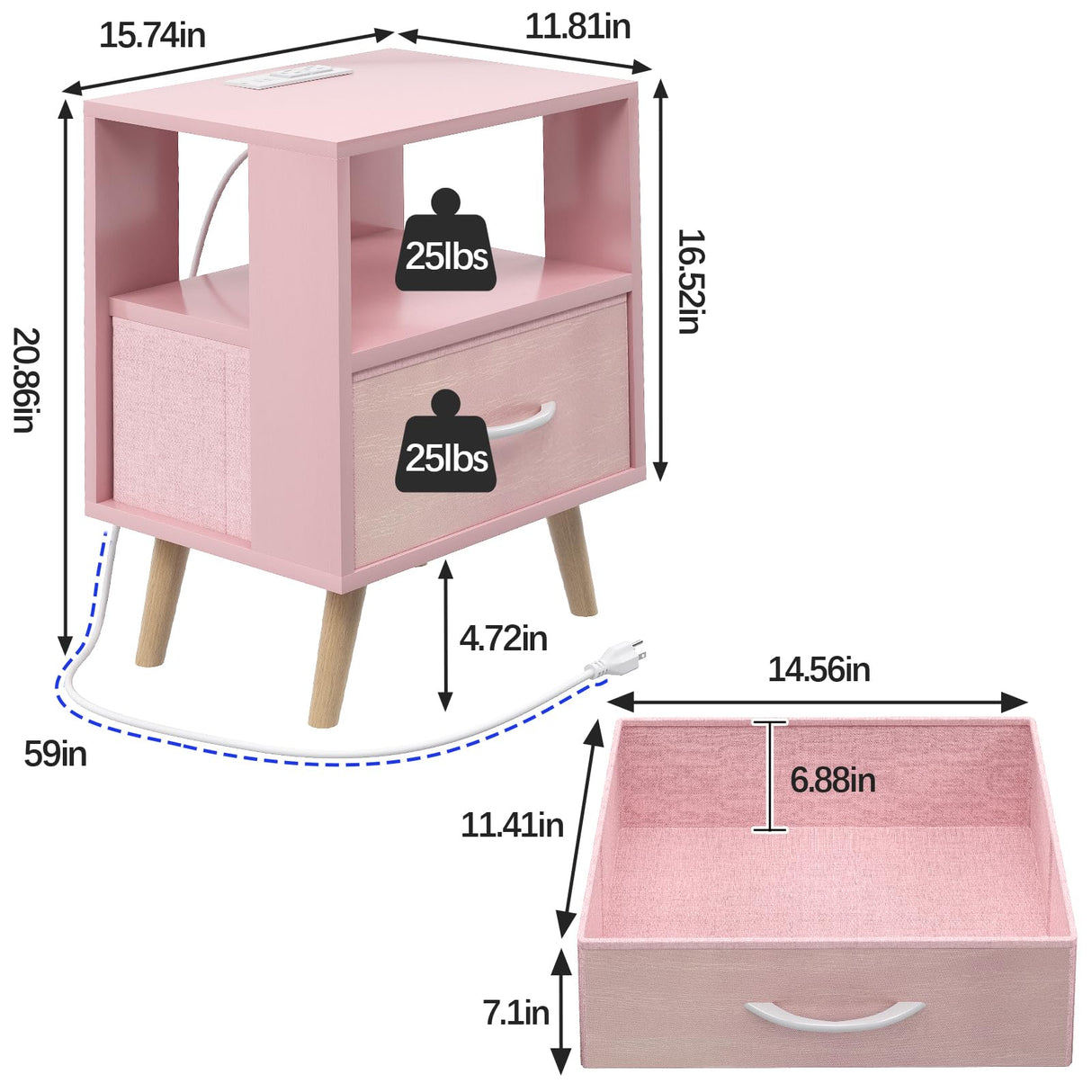 Aenuert Night Stand with Charging Station, Pink Kids Nightstand with Drawer, 2-Tier Nursery Bedside Table with USB Ports and Outlets, End Table for Small Space, Living Room, Bedroom Aenuert