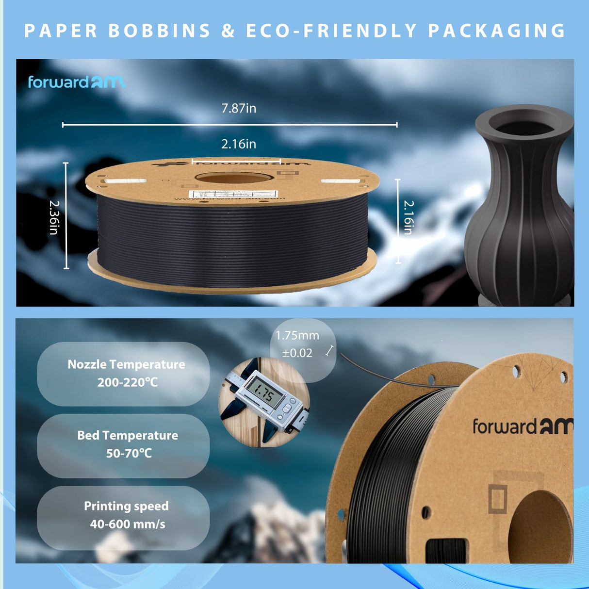 Forward AM Ultrafuse PLA HS 1.75mm Filament - Black 1KG (2.2lbs) High-Speed 600mm/s, ±0.02mm Precision, Cardboard Spool | Warp-Free, Eco-Friendly 3D Printing Material Fits for Most FDM 3D Printers Forward AM